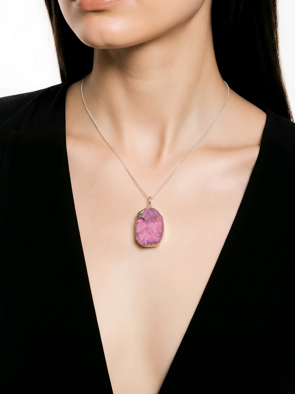 Pink/ Purple  Druzy Geode Quartz Pendent With Sliver Tone Casing